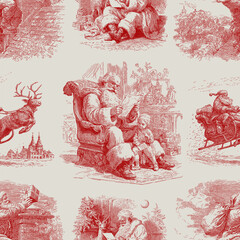 Materiał do szycia Traditional European Christmas scenes with Santa. Seamless vector pattern. Vintage engraving or ink drawing style vector illustration.