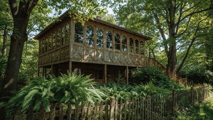 Two-level house featuring a balcony and multiple windows, surrounded by dense foliage near a fence.