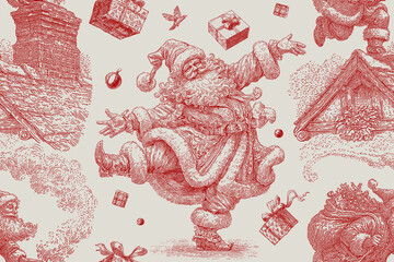 Traditional European Christmas scenes with Santa. Seamless vector pattern. Vintage engraving or ink drawing style vector illustration.