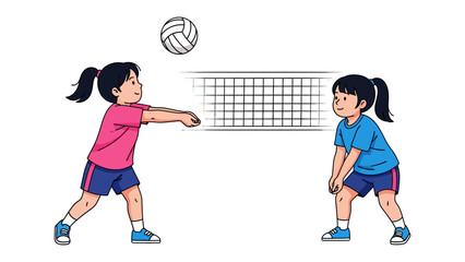 Volleyball Game: Two young girls playing volleyball and passing the ball over the net, showcasing the dynamic action and energy of a sports game.