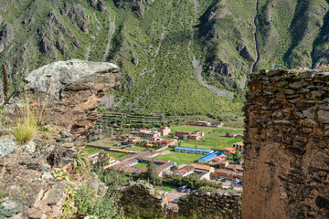 View from the Pinkuylluna Inca ruins overlooking the valley and town of Ollantaytambo in the Sacred Valley of Peru