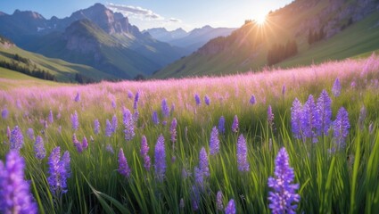Fototapeta premium Scenic summer hillside covered in wildflowers with shades of pink, purple, and yellow, complemented by fresh green grasses.