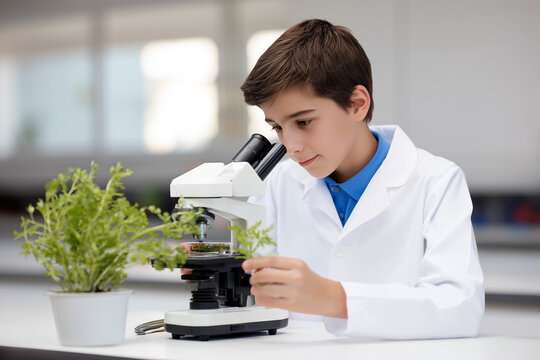 Young scientist observing plant cells through a microscope in a lab - Powered by Adobe