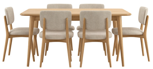 Light beige upholstered dining set with a light oak table and chairs