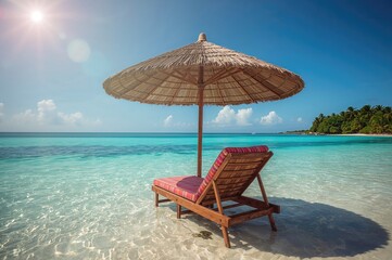 Fototapeta premium Retro-style umbrella lounger with sun flare and water backdrop, beach, summer vibes, travel, nature, tree, scenic view