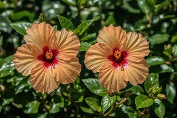 Two delicate hibiscus syriacus 'Manuela' blooms basking in bright summer sunlight