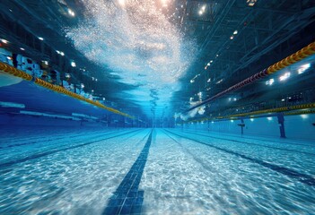 Underwater view of a competitive swimming pool, with swimmers in motion.  Sunlight streams through the water's surface, creating a dynamic scene