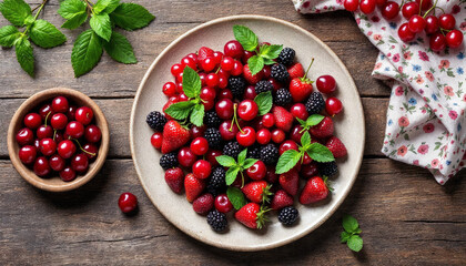 Rustic table with colorful fresh fruits and mint leaves, top-down view.
