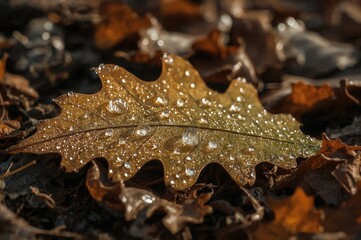 Autumn morning droplets resting on a fallen oak leaf