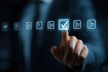 Businessperson's finger touches a checkmark on a digital document