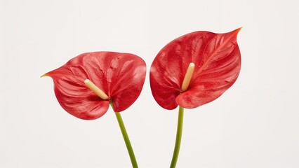 Isolated duo of red anthurium flowers on a white background with ample empty area.