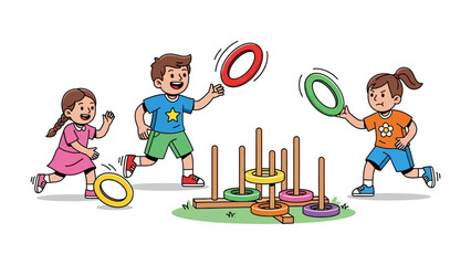 Joyful Ring Toss: A vibrant illustration depicts three cheerful children engaged in a spirited game of ring toss. It captures the essence of outdoor fun, skill development.