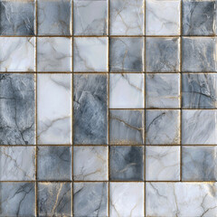 A luxurious and elegant, textured background of blue and white marble mosaic tiles with gold grout, creating a sophisticated and timeless checkerboard pattern.
