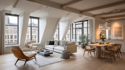 Fototapeta premium Scandinavian style open-plan loft, neutral color palette, oak flooring, large windows with natural light, minimalist cozy furniture 