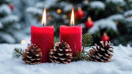 Red candle flames glowing alongside pine cones on a snowy landscape