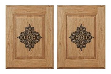 Pair of oak wood kitchen cupboard doors featuring black and white ornamental patterns on a plain white backdrop