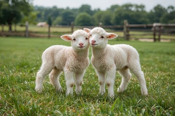 Obraz premium A pair of young lambs happily singing in unison