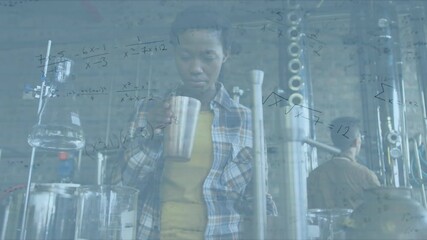Animation of math formulas over african american female engineer - Powered by Adobe