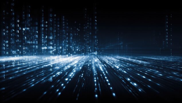 Abstract digital landscape with binary code streams