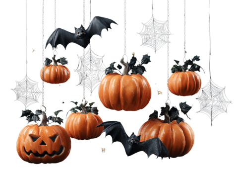 Hanging Halloween pumpkins bats and spiderwebs on black isolated on a transparent background