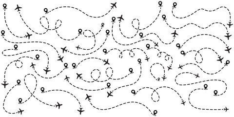 Airplane line path icon set. Vector illustration of air plane flight route with line trace on white background. map pins, location pins. Airplane routes. Travel icon. © Gemivector5