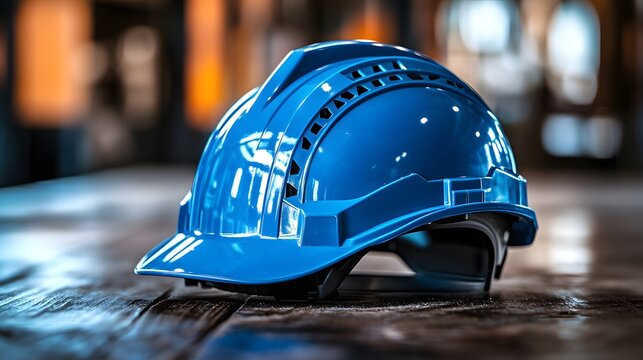 A vibrant blue hard hat sits prominently on a weathered wooden surface amidst a blurred industrial backdrop signifying safety and preparedness on the jobsite.