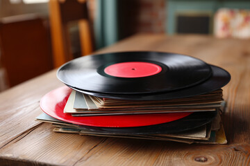 Fototapeta premium Vinyl records stacked on a wooden table in a cozy room