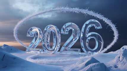 Sparkling 2026 numerals emerge from icy landscape, symbolizing new beginnings and winter wonder with a dramatic sky