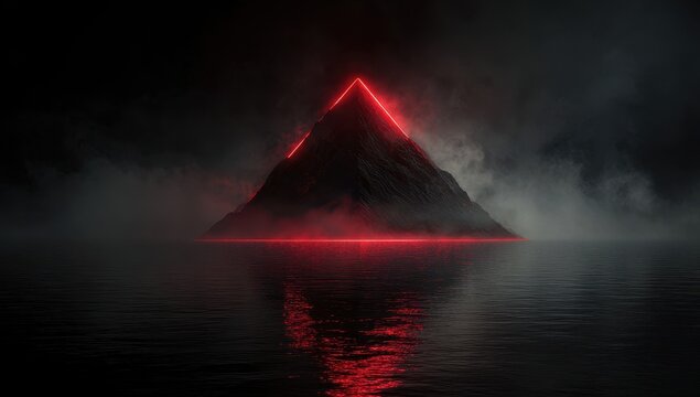 High quality photo of mysterious red pyramid emerges from dark water and fog.