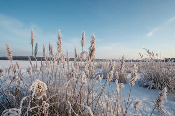 Snowy Scene Featuring Frosted Vegetation and Icy Grasses in a Winter Environment