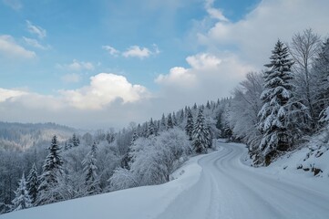 Snow-covered scenery in the cold season with a road and natural beauty