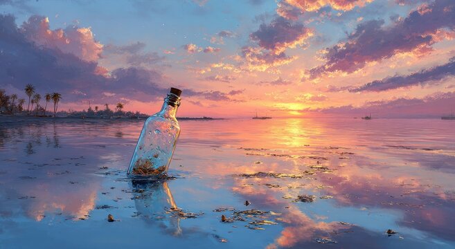 Empty glass bottle on a beach at sunset, reflected in calm water