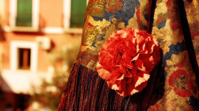 Cultural still life with red carnation and golden shawl, embodying elegance and national pride.