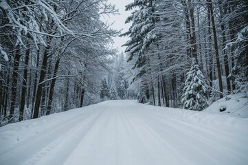 A serene winter scene of a winding road blanketed in snow, flanked by snow-covered trees and marked by tire impressions on the ground.