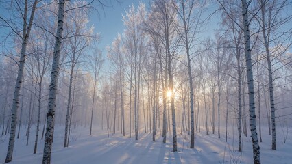 Fototapeta premium Sunlit Winter Scene Featuring Icy Trees in a Snowy Birch Forest