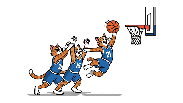 Kitten basketball action: Animated kittens engaged in a spirited basketball game, showcasing dynamic movement and friendly competition in a vibrant illustration