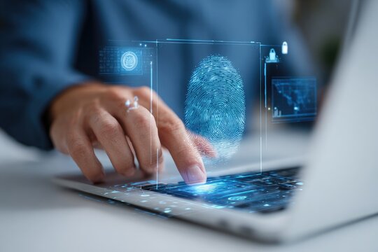 Close-up of a hand scanning a fingerprint on a laptop.  A holographic fingerprint image overlays the laptop's keyboard