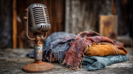 Vintage microphone and worn fabrics