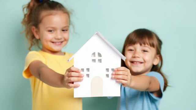 two children holding up a paper house