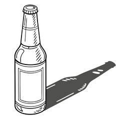A black and white line drawing of a beer bottle with a blank label and a long shadow
