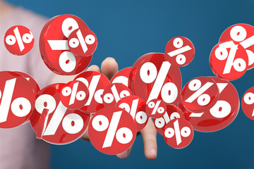 3D render of red percentage symbols floating around a hand, ideal for sales and discount themes.