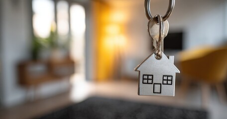 House-shaped keychain hangs in front of a modern living room