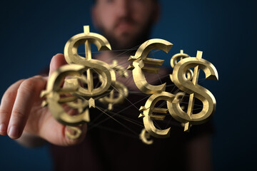 Image of golden dollar and euro symbols interconnected, representing global finance and currency exchange.