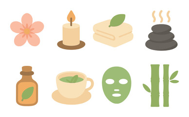 Relaxing spa elements: candle, flower, tea, mask, bamboo, stones, oil, towels