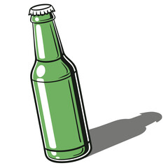 A single green glass bottle with a silver cap and a distinct shadow cast on a white background