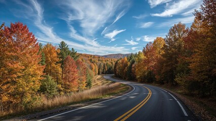 Fototapeta premium Curvy pathway meanders through vibrant fall-colored trees in a picturesque forest.