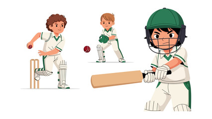 Cricket Game Illustration: A dynamic illustration showcases children engaged in an exciting cricket match, with players in action. Capturing the sport's energy and teamwork, featuring a batsman.