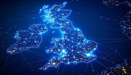 A digital representation of the United Kingdom, highlighting city lights and interconnectedness.  Networked map
