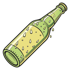 Refreshing cold beer bottle with condensation droplets and a simple label on a white background