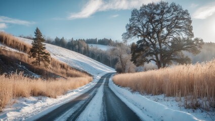 Obraz premium Sunny winter scene featuring a snow-laden path and a hillside with tall, dry grass
